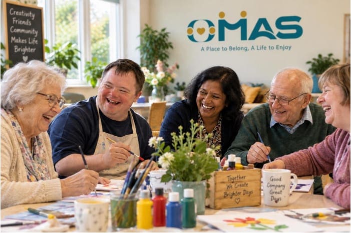 A mixed group of friends laughing together around a table while painting at OMAS
