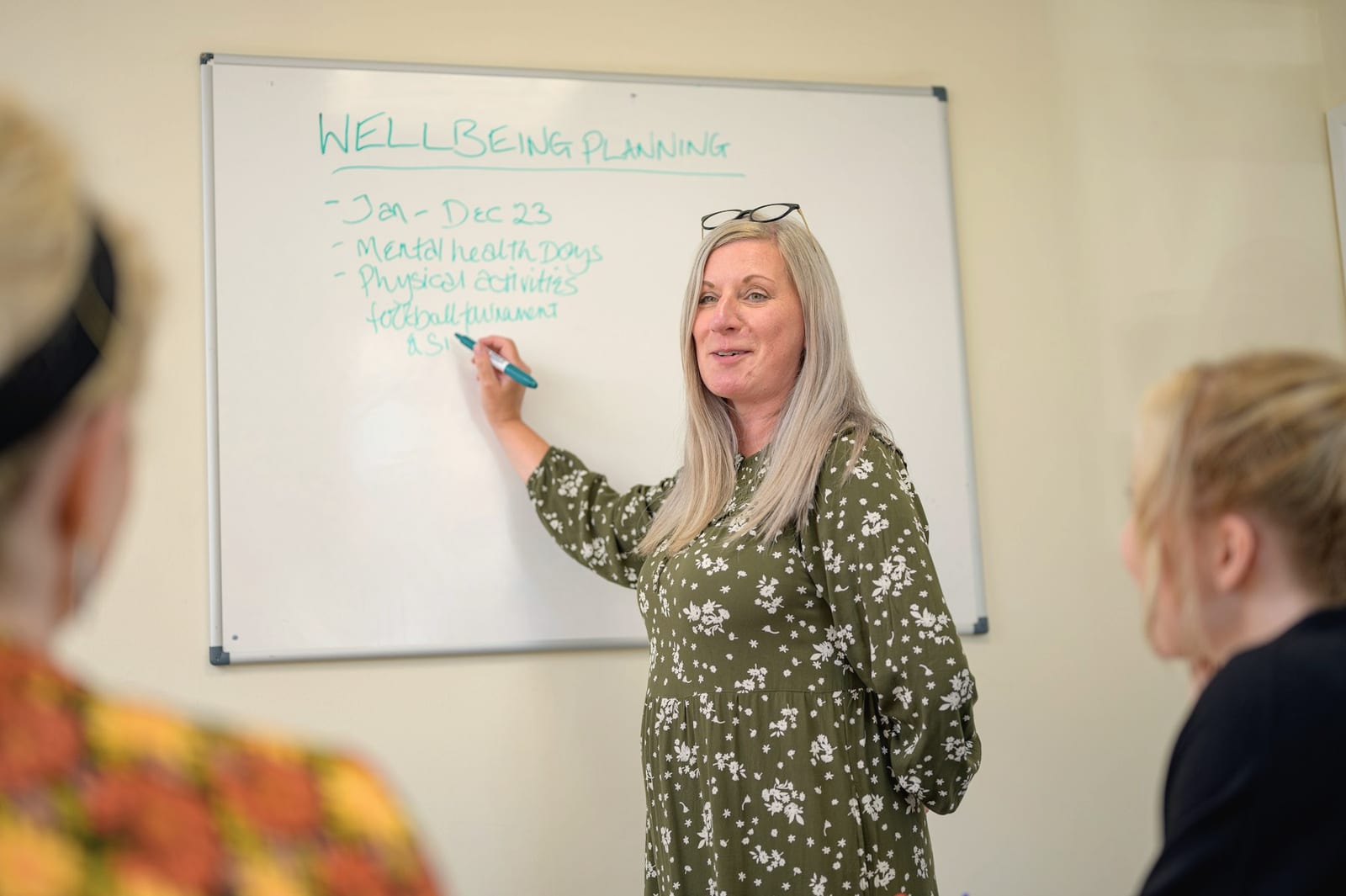 A group session with notes on a whiteboard